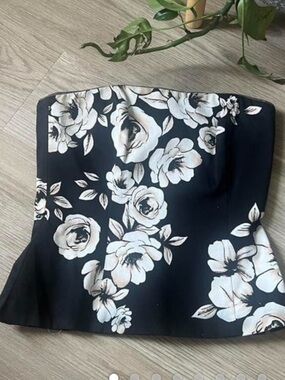 White House Black Market Black Strapless Floral Bustier Top